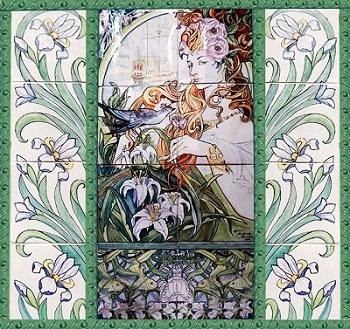 Керамическое панно "Цветы" - реплика картины Альфонса Муха